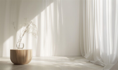 sunlight from the bright glass window, light white curtains with the breeze flowing. bright and clean room