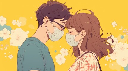 A smart couple is shown wearing masks to protect themselves from COVID 19 in this illustrated 2d image