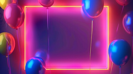 Glowing neon frame surrounded by colorful balloons, vibrant celebration concept