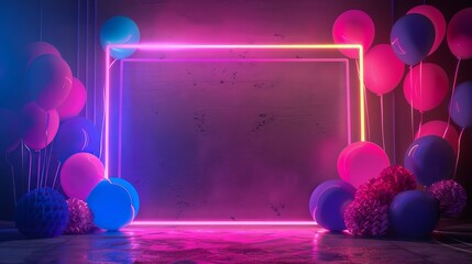 Glowing neon frame surrounded by colorful balloons, vibrant celebration concept