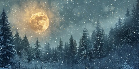  Full moon in the sky, trees with snow-covered foreground