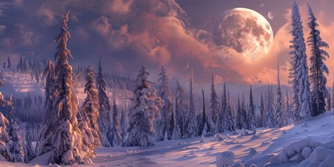  full moon in sky, snow-laden trees