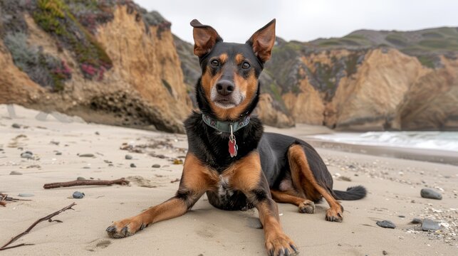   A black-and-brown dog rests atop a sandy beach, near a rocky cliff smothered in seaweed