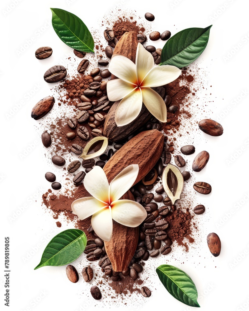 Canvas Prints   Coffee beans topped with almonds and flowers on a white backdrop Beans displaying, with leaves attached; nuts and blooms above