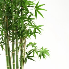   A bamboo plant's close-up, tall with green leaves, against a white wall on a white background