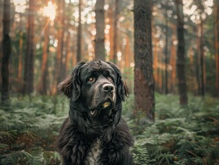   A black-and-white dog sits in a forest, surrounded by trees and ferns in the foreground