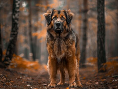   A brown and black dog stands amidst a forest, surrounded by fallen leaves and towering trees
