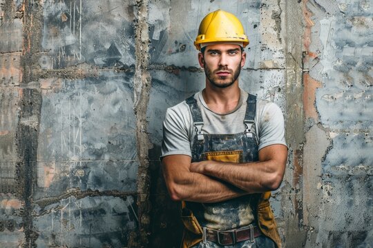  A man in hard hat and overalls stands before a grungy wall, arms folded