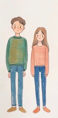   A man and a woman, each dressed in a sweater and blue jeans, stand side by side
