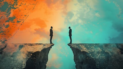 An image depicting a mediator concept, showcasing two business opponents engaged in a dispute with a mediator intervening to find a solution, symbolizing conflict resolution in a corporate setting. - obrazy, fototapety, plakaty