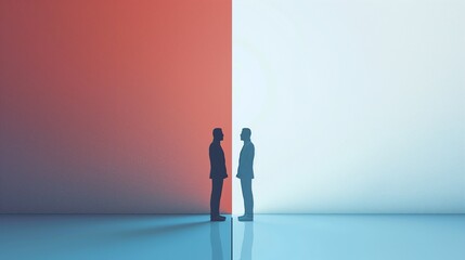 An image depicting a mediator concept, showcasing two business opponents engaged in a dispute with a mediator intervening to find a solution, symbolizing conflict resolution in a corporate setting.