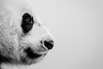 Close-up of a serene, minimalist black and white panda face on a white background.
