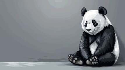   A black-and-white panda sits on gray ground, paws touched - obrazy, fototapety, plakaty