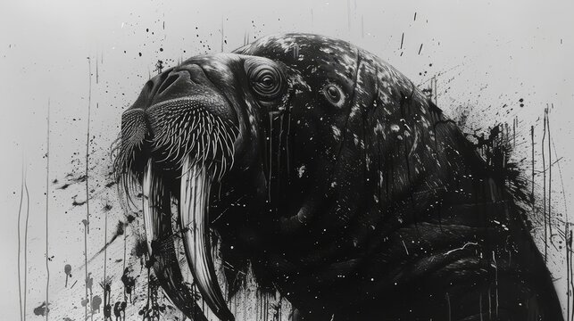   A black-and-white image of a seal with an expansive mouth before the camera