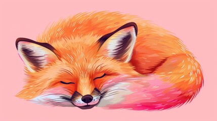   A red fox sleeps against a pink backdrop, its head tilted to the side, eyes closed