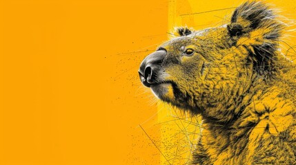 Obraz premium A Koala up-close against a yellow background, yellow foreground; its face depicted in black and white within a separate image