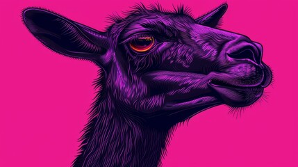 Fototapeta premium A pink background features a close-up of a llamas' face with its black head