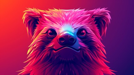   A tight shot of a dog's expressive face against a backdrop of red, pink, and blue tones
