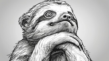   A black-and-white depiction of a sloth with an open mouth and folded hands, clutching a sheet of paper - obrazy, fototapety, plakaty