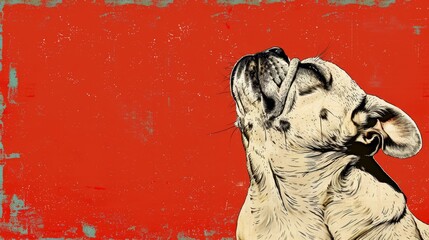   A dog's face, mouth agape, against a red and gray backdrop