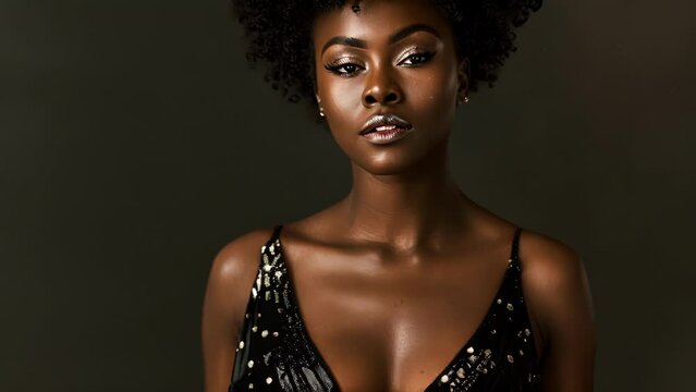 A captivating black woman takes center stage her figure dd in a glittering evening gown with a plunging neckline. The intricate sequin and beadwork catches the light adding a touch .