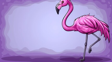 Fototapeta premium A pink flamingo poses before a purple backdrop, featuring a white center mark