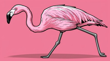 Naklejka premium A pink flamingo stands on hind legs, legs splayed, head tilted to the side