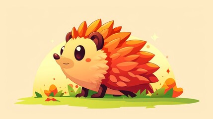   A hedgehog cartoon, head-turned-up from grass, appears as if emergent