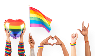 Png LGBTQ+ pride celebration mockup with hand and crowd cheering