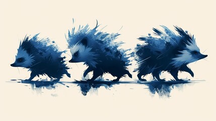   Three blue hedgehogs walk on a reflective surface, each with their tails raised high