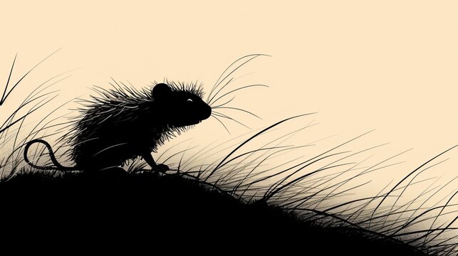   A monochrome image of a mouse atop a hump, surrounded by tall grass in the foreground, contrasting with a sunlit, yellow backdrop