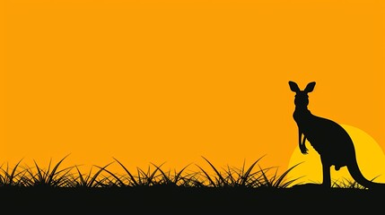   A kangaroo outlined against an orange foreground, juxtaposed with a yellow background of sky Grass in the foreground