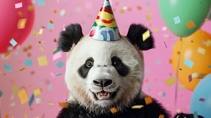 Fototapeta premium Panda party: adorable bear in birthday hat celebrating with balloons & confettiPanda party: adorable bear in birthday hat celebrating with balloons & confetti