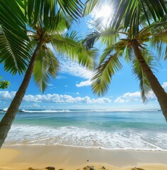   A few palm trees tower above a sandy beach, overlooking a body of water In the distance, a solitary boat floats