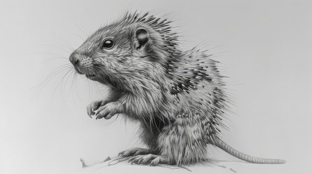   A black-and-white image of a rodent with paws on its back and head raised