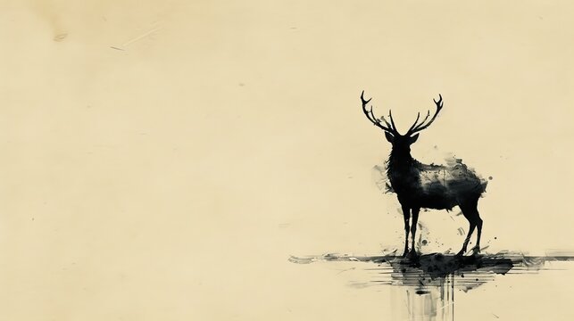   A black-and-white image of a deer with antlers positioned backward, wading in a body of water