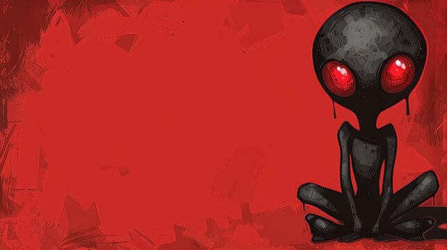   A painting of a black alien seated on the ground Its body is entirely black, adorned with red spots The alien's piercing eyes are an intense red