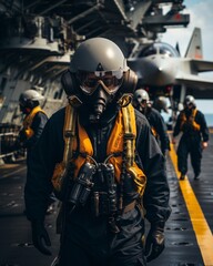 Obraz premium Crew members conducting a drill on the deck of a destroyer, wearing safety gear and coordinating with precision