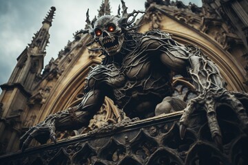 Demon figure carved into the facade of a historic cathedral, captured in sharp detail against a cloudy sky