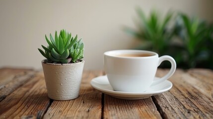   A cup of coffee atop a weathered wooden table, a small succulent in its earthenware pot nestled beside it