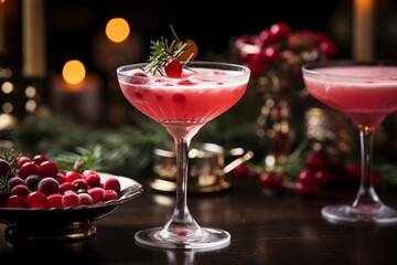 Festive holiday cocktail adorned with seasonal decorations, served at a cozy, festive themed party