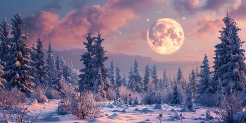  full moon in the sky, trees with snow-covered grounds in foreground