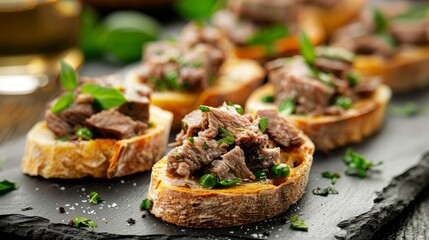   A tight shot of bread topped with meat and herbs against a black plate on a weathered wooden table
