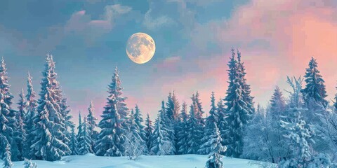   A snow-covered landscape with a full moon in the sky Trees foreground, heavily coated in snow Pink and blue hued background, transitioning to sunrise or sunset