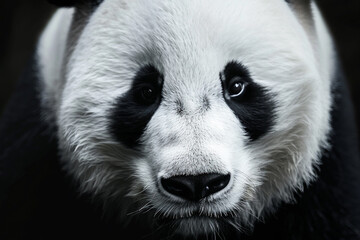 Close-up shot of a serene black and white panda face, highlighting its delicate features on a...