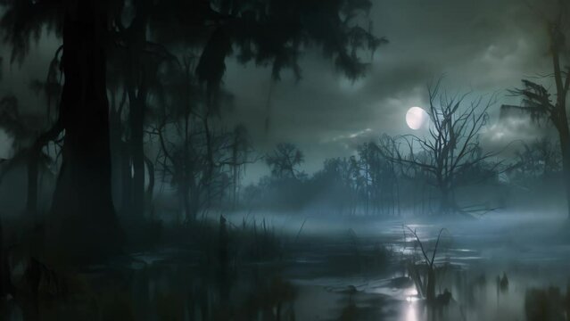 Spooky dark forest landscape at night. 4k video animation