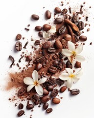   A heap of coffee beans topped with flowers above a mound of powdered coffee beans