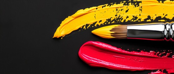   A red and yellow paintbrush beside a black and red paint tube on a dark surface, featuring red and yellow paint splatters - obrazy, fototapety, plakaty