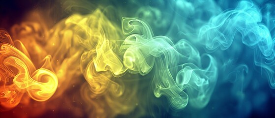   A collection of multihued smoke trails forming the letter S against a backdrop of blue, yellow, red, orange, and green - obrazy, fototapety, plakaty