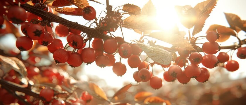   A tree laden with cherries; sunlight filtering through leaves and branches
